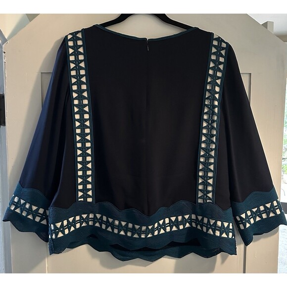 TORY BURCH Germaine Navy Teal Geometric Lace Trim Silk Blouse Top Size 12 - Picture 5 of 7